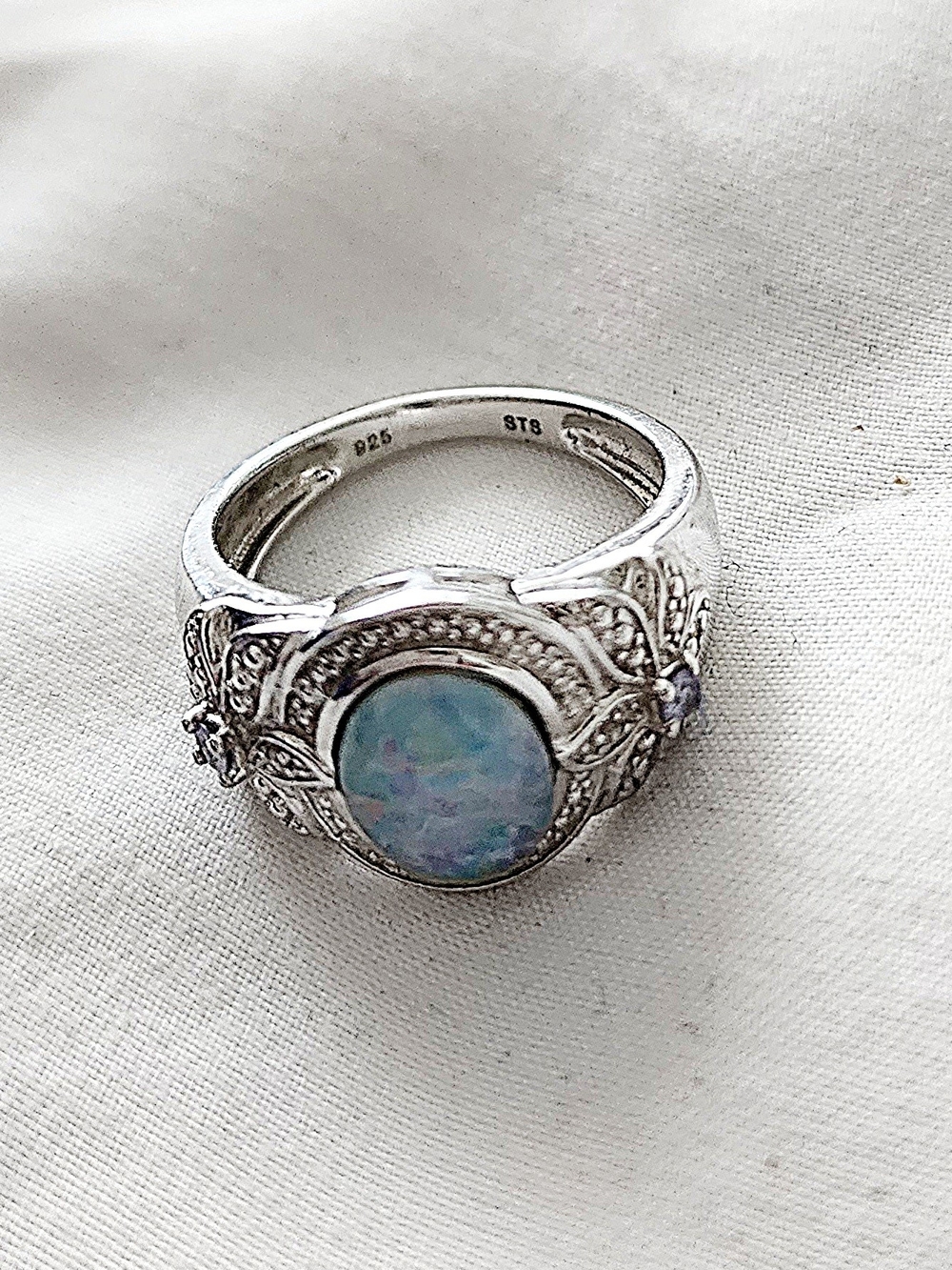 Sterling Silver Rainbow Moonstone Opal-Effect Blue Halo Ring